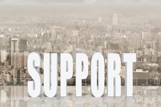 Concept of help, assist,aid etc with 3d text under sky in the modern city.