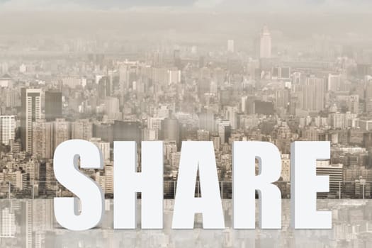 Concept of help, assist,aid etc with 3d text under sky in the modern city.