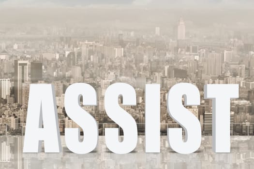 Concept of help, assist,aid etc with 3d text under sky in the modern city.