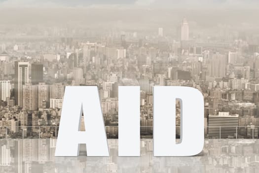 Concept of help, assist,aid etc with 3d text under sky in the modern city.
