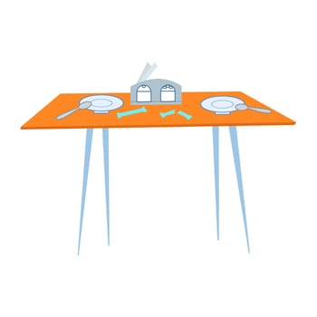 A table in the cafe with Cutlery, bags of sugar, plates and spoons, napkins