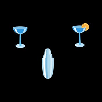 The bartender set the shaker and cocktail glasses with lemon