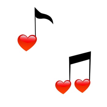The symbol of music and love. Signs of notes in the form of hearts