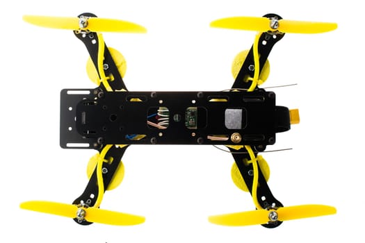 Home made drone isolated on white from directly above.