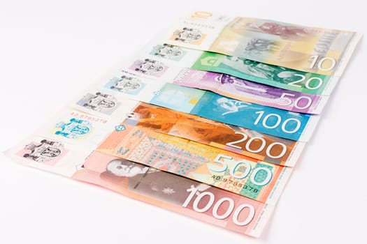 Serbian dinar banknotes as an European currency, cash money on white background.