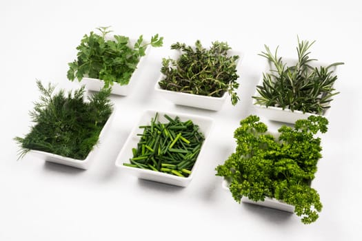 Fresh green herbs and spices are in white dish on white background.