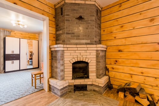 Russia, Omsk- August 05, 2019: interior room apartment. designer country house with wooden elements