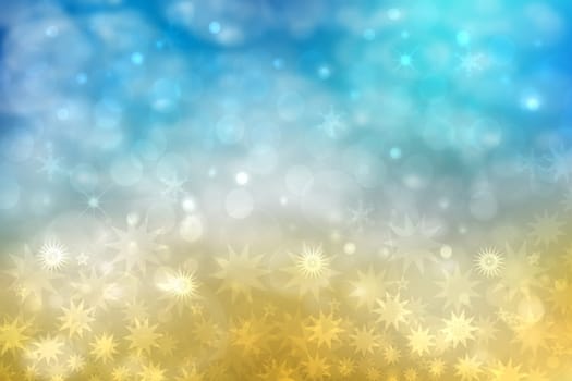 A festive abstract Happy New Year or Christmas texture background with blue color blurred bokeh lights and gold yellow stars. Space for design. Card concept and advertising.
