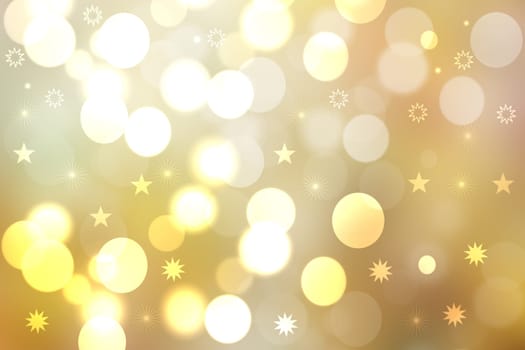 Christmas card template. Abstract festive golden yellow white winter xmas or New Year background texture with blurred bokeh lights and stars. Beautiful backdrop.