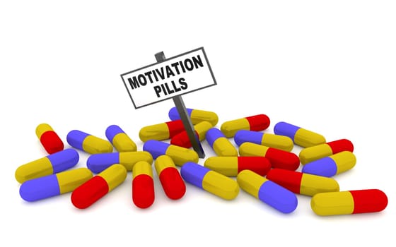 Motivation pills concept with pills isolated on white background. 3D rendering