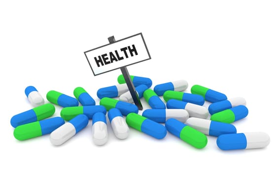 Health pills concept with pills isolated on white background. 3D rendering