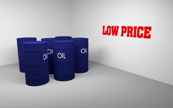 Several 3D blue drums/barrels and write text low price on the wall, 3d rendering