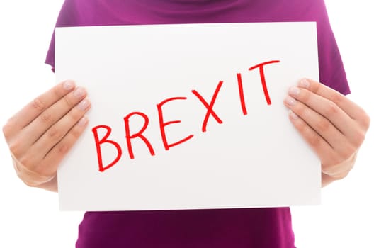 Girl holding white paper sheet with text BREXIT