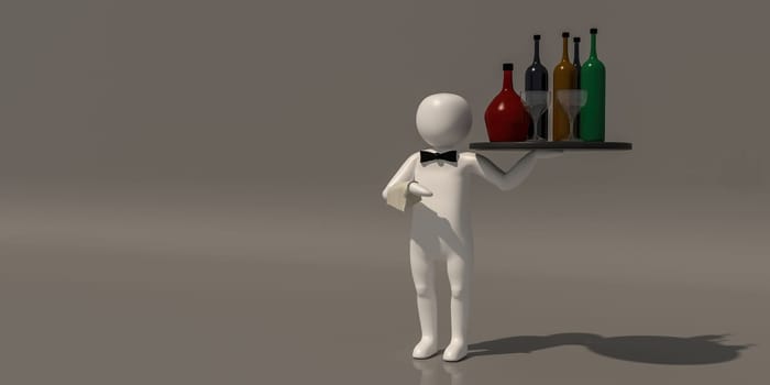 3d illustrator group of career symbols on a gray background, 3d rendering of the Waiter at restaurant. Includes a selection path.