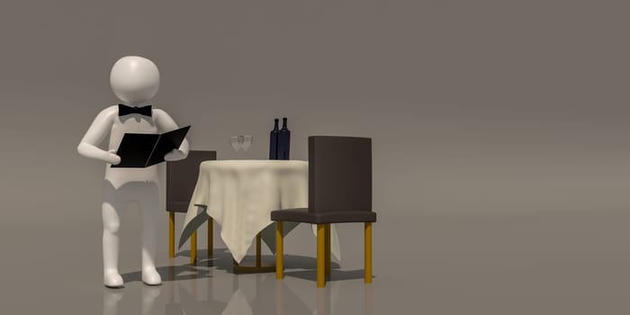 3d illustrator group of career symbols on a gray background, 3d rendering of the Waiter at restaurant. Includes a selection path.