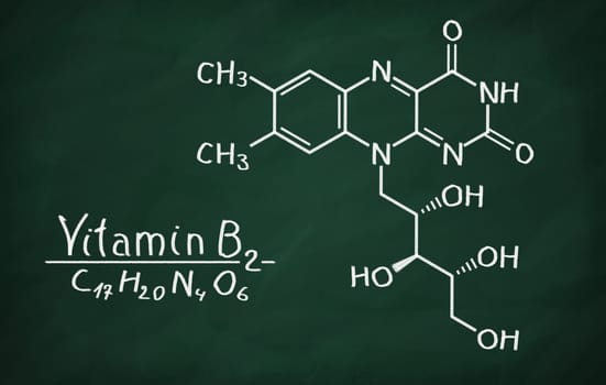 Structural model of Vitamin B2 (Riboflavin) on the blackboard.