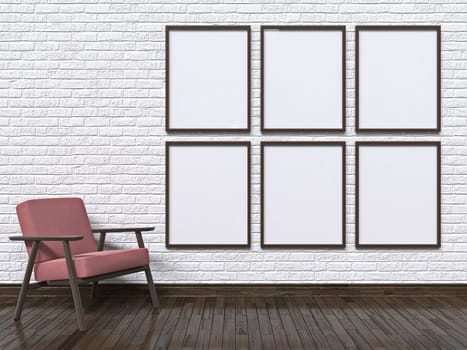 Mock up photo frames with armchair and wall 3D render illustration