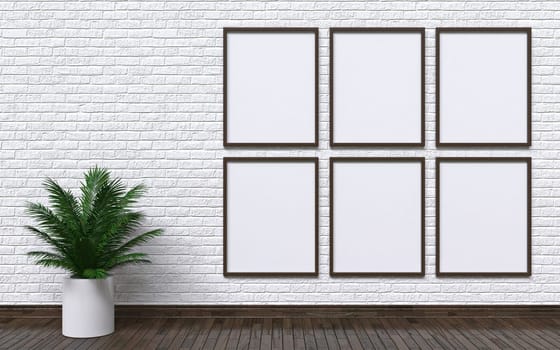 Mock up photo frames with plant and wall 3D render illustration