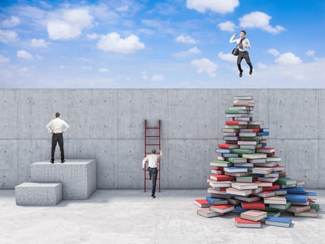 business people try to find a solution to pass a wall that hinders them. The man who studied is successful. Knowledge and problem solving concept.