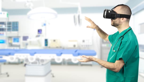 doctor uses glasses for virtual reality. Concept of modern and futuristic medicine.