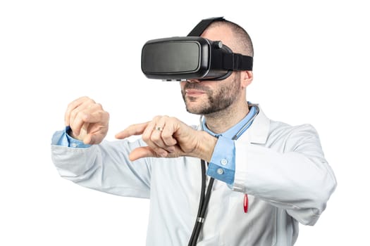 Doctor uses a virtual reality device to practice using new technologies in the medical field. isolated on white.