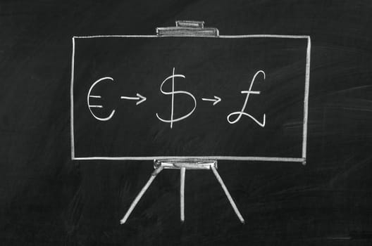 Several different currencies icon drawn on the blackboard