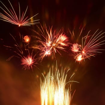Beautiful red fireworks on the black sky background