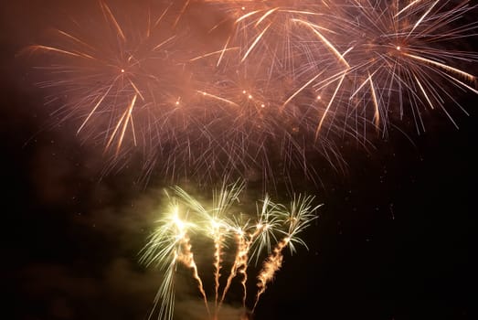 Colorful red fireworks on the black sky background