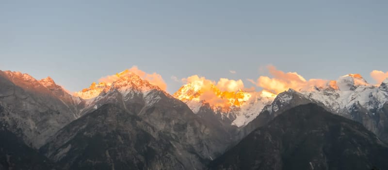 Mount Kailash or Kailasa Mountain Himalayan ranges (Tibetan name Gangs Rinpoche means Precious Snow Mountain) sacred place of Lord Shiva in sunset Sun light. View from Kinnaur, Himachal Pradesh India.