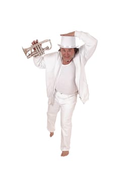 A middle age indigenous man dancing in a white outfit and white hat.playing his trumpet with his long hair, isolated for white background.
