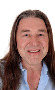 A handsome indigenous man smiling in a portrait shoot with his.long brunette hair, isolated for white background.