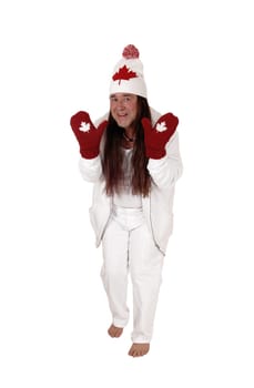 A happy indigenous man dressed is white with a hat and mittens.with the Canadian Mabel leaf, isolated for white background.