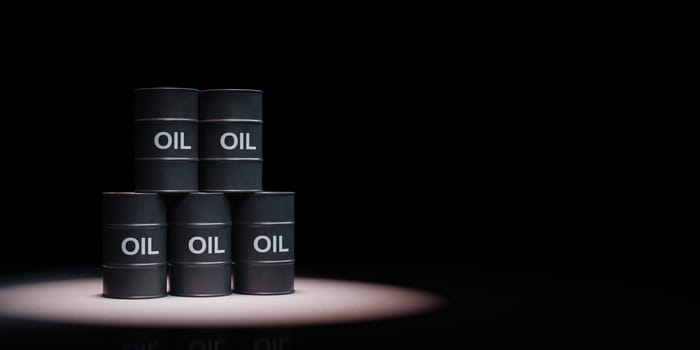 Stack of Black Oil Barrels Spotlighted on Black Background with Copy Space 3D Illustration