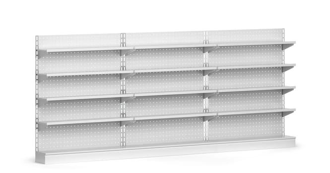 Empty market shelves mockup. 3d illustration isolated on white background