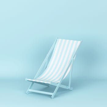 Single deckchair for relaxation on a beach. 3d illustration on blue background