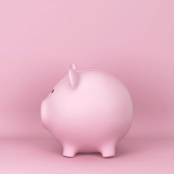 Ceramic piggy bank for saving money. 3d illustration on pink background