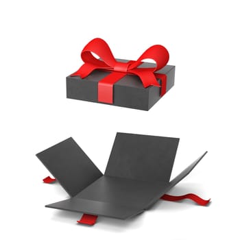 Opened gift box with colourful bow and ribbon. 3d illustration isolated on white background