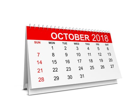2018 year calendar. Week starts with sunday. 3d illustration isolated on white background