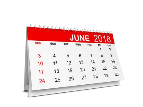 2018 year calendar. Week starts with sunday. 3d illustration isolated on white background
