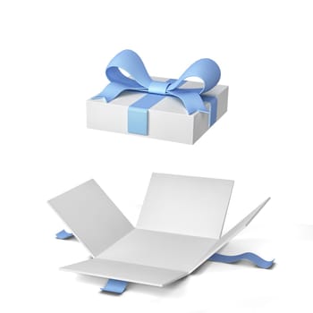 Opened gift box with colourful bow and ribbon. 3d illustration isolated on white background
