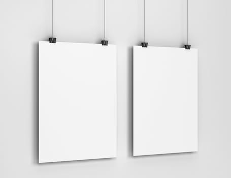 Blank poster hanging on a wall mockup. 3d illustration on gray background