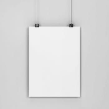 Blank poster hanging on a wall mockup. 3d illustration on gray background