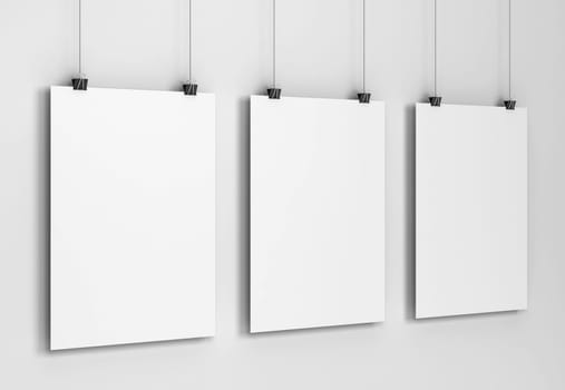 Blank poster hanging on a wall mockup. 3d illustration on gray background