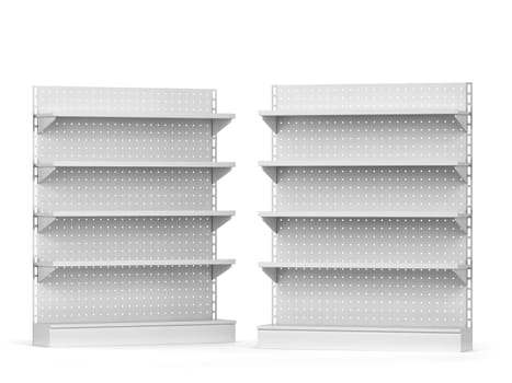 Empty market shelves mockup. 3d illustration isolated on white background