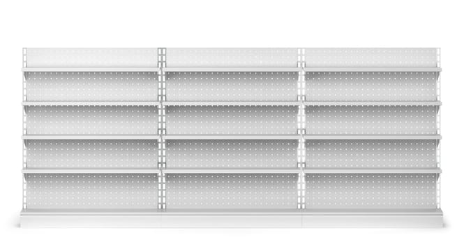 Empty market shelves mockup. 3d illustration isolated on white background