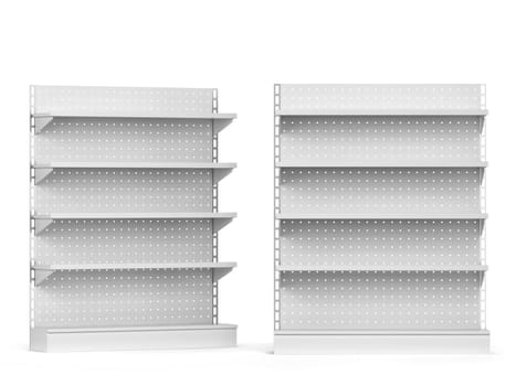 Empty market shelves mockup. 3d illustration isolated on white background