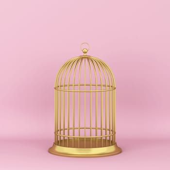 Closed decorative bird cage. 3d illustration on pink background