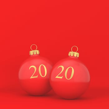 Two christmas balls with sign 2020 on them. New year concept. 3d illustration