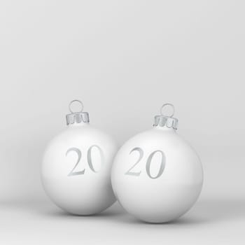 Two christmas balls with sign 2020 on them. New year concept. 3d illustration