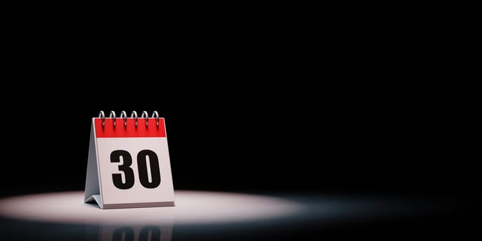 Red and White Single Day Desk Calendar Spotlighted on Black Background with Copy Space 3D Illustration, Day 30 of the Month
